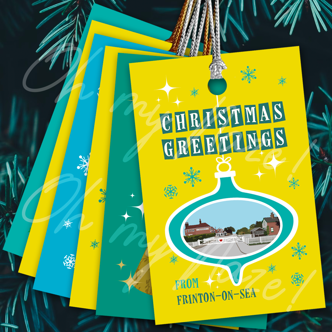 6 x mixed retro designs gift tags (one with Frinton design)