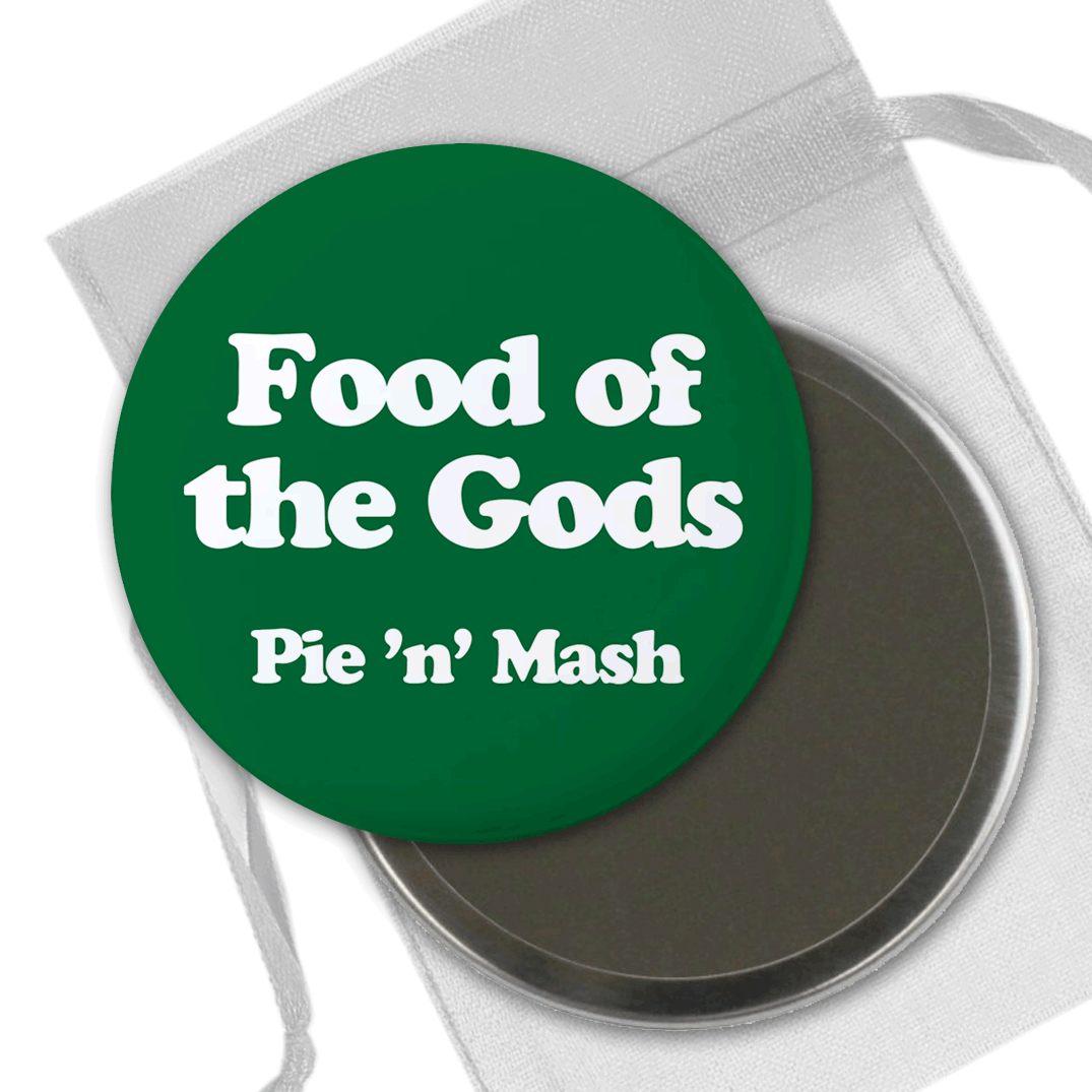 green badge with a retro font saying 'Food of the Gods' with a small 'pie and mash' underneath - so it's obviously describing pie and mash
