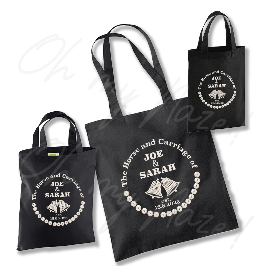 Personalised Cockney wedding favours tote bags 3 sizes header graphic